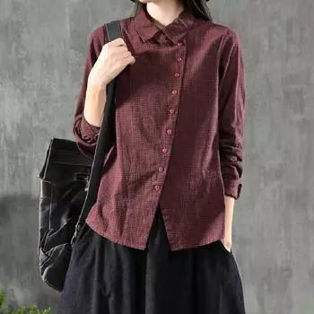 Весна Осень Литература Искусство Косая планка Тонкая сетка Хлопок Льняная Рубашка Большой Размер Хлопок Льняной Длинный Рукав Свободный Топ для Женщин M