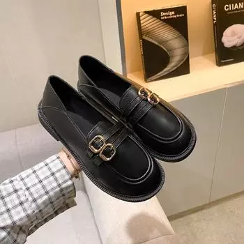 Весна Осень Лоферы на низком каблуке для женщин Модные повседневные туфли из кожи с пряжкой в британском стиле Женские новые дизайнерские туфли для женщин 35 чёрный