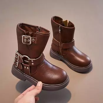 Весна Осень Мальчики и Девочки Детские Ботинки Челси Классические Пряжки Британский Стиль Ретро Детские Короткие Ботинки Нескользящие 2023 ПУ 26 чёрный