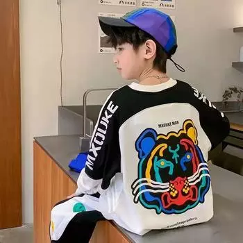 Весна Осень Мальчики Круглый вырез Свободный Контрастный Мультфильм Тигр Толстовка Школьники Дети Спортивный свитер Топы 170cm белый