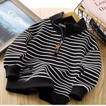 Весна Осень Мальчики Полосатый Толстовка Пальто Девочки Повседневный свитер Одежда для больших детей Топы с лацканами на молнии Детская спортивная одежда 160cm чёрный