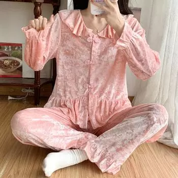 Весна-Осень Милый бархатный пижамный комплект с длинным рукавом, рубашка и брюки, двухкомпонентная домашняя одежда, свободная повседневная ночная одежда для женщин, домашняя одежда M
