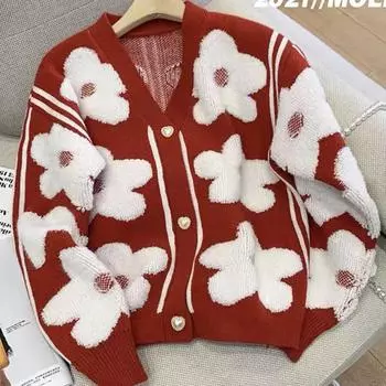 Весна Осень Милый Наряд Маленький Ароматный Стиль Флокированный Цветок Красный Вязаный Кардиган Женский Дизайн V-образный Вырез Свитер Пальто Свитер XXXXL красный