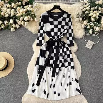 Весна-Осень Miyake, плиссированное свободное платье в клетку в клетку «Шахматная доска», женское платье миди с рукавами три четверти, эластичный узор с принтом, на шнуровке One Size чёрный