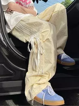 Весна-осень, многокарманные широкие женские брюки, свободные уличные повседневные брюки-карго, синие, милые, универсальные, уличные, женские, мешковатые брюки 2000 года, винтажные S жёлтый