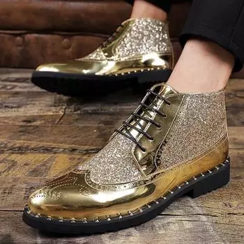 Весна Осень мода МУЖСКИЕ повседневные кожаные туфли Оксфорд классический дизайн мужские черные золотистые высокие деловые официальные ботильоны 38 чёрный