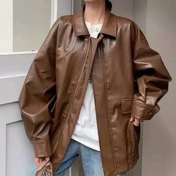 Весна Осень Мода Новая Женская Мода Повседневная Темпераментная Кожаная Куртка с Лацканами Темпераментная Высококачественная Роскошная Ретро Мотоциклетная Куртка S коричневый