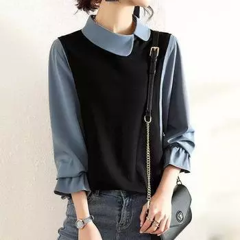 Весна Осень Мода Возраст Сращивание Поддельные Двухсекционная Рубашка Темперамент Женская Возраст Сращивание Длинный Рукав Отложной Воротник Вид Тонкая Маленькая Рубашка M чёрный