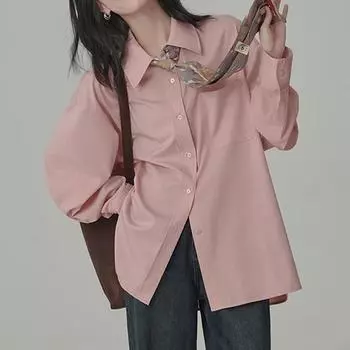 Весна Осень Модная Повседневная Рубашка Свободная Длинный Рукав Лацкан Офисная Женская Блузка Дамский Карман Элегантный Однотонный Простые Топы Одежда 2779 S розовый