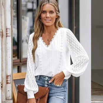 Весна Осень Модная V-образная горловина Кружева Сращивание Фонарики Рукава Рубашки для Женщин Блузки и Рубашки S белый