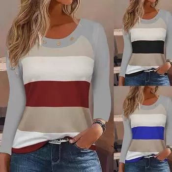 Весна Осень Модная женская футболка с цветными блоками, круглый вырез, длинный рукав, пуловер на пуговицах, женская повседневная футболка, топ S вино красного