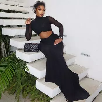 Весна Осень Модное Длинное Рукавное Сплошное Платье Женское Открытое Тонкое Платье на Бедрах Женское Длинное Сексуальное Платье S чёрный