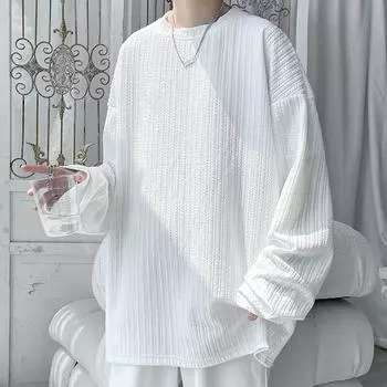 Весна Осень Модные футболки с длинным рукавом Мужские однотонные свободные повседневные футболки с круглым вырезом Мужские хип-хоп уличные футболки без застежек Топы XL серый