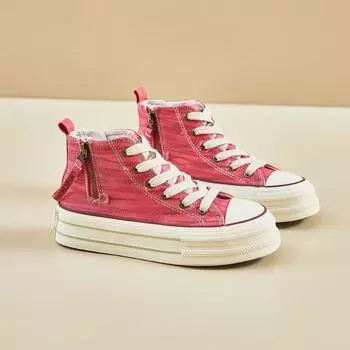 Весна Осень Модные Красные Женские Кроссовки Из Вулканизированной Ткани Высокие Холщовые Туфли Женские Кроссовки На Платформе, Увеличивающие Рост Повседневные Кроссовки 35