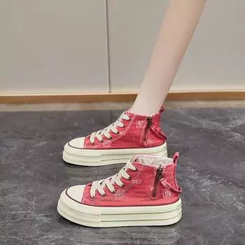 Весна Осень Модные Красные Женские Кроссовки Из Вулканизированной Ткани Высокие Холщовые Туфли Женские Кроссовки На Платформе, Увеличивающие Рост Повседневные Кроссовки 35