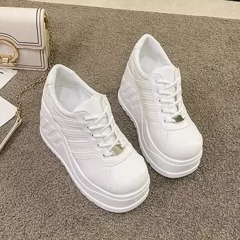 Весна/осень Модные кроссовки на высоком каблуке со шнуровкой Однотонные женские туфли на распродаже 2024 Высококачественные женские туфли на танкетке из вулканизированной стали 35 чёрный