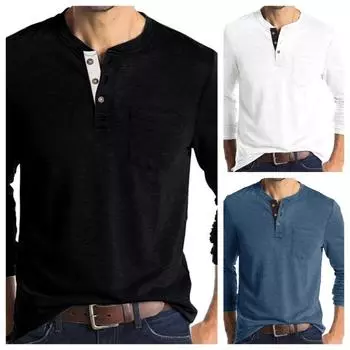Весна Осень Модные Круглый вырез Длинный рукав Однотонные Блокирующие Футболки Мужская одежда Корейские пуговицы Свободные повседневные универсальные топы M белый