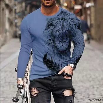 Весна Осень Модные мужские футболки с принтом 3D льва с круглым вырезом Повседневные спортивные футболки с круглым вырезом и длинным рукавом S белый