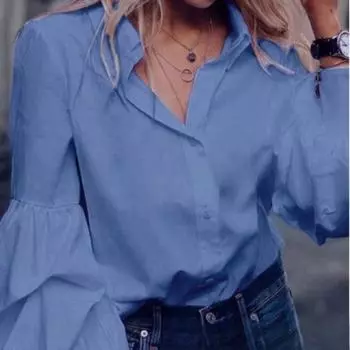 Весна Осень Модные Однотонные Женские Повседневные Рубашки с Воротником Полупушистым Рукавом На Пуговицах Блузки и Рубашки S синий