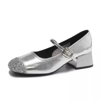 Весна Осень Модные Платформа Блестки Пряжка Женские Туфли Мэри Джейн Дизайнерские Новые Кожаные Мягкие Подошвы Повседневные Дамские Туфли На Высоком Каблуке 35 бежевый