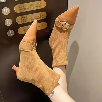 Весна ОсеньМодные женские ботильоны с острым носком Замшевые короткие ботильоны без застежек Женские элегантные туфли на высоком каблуке Женские туфли-лодочки 35 чёрный