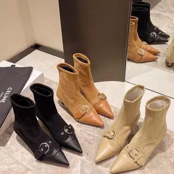 Весна ОсеньМодные женские ботильоны с острым носком Замшевые короткие ботильоны без застежек Женские элегантные туфли на высоком каблуке Женские туфли-лодочки 35 абрикосовый