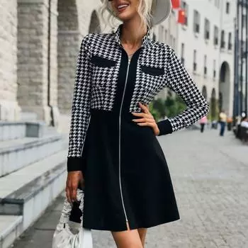 Весна Осень Модные Женские Цветные Блоки Длинные Рукава Платье Дизайнер Тонкий Юбка Для Вечеринки S