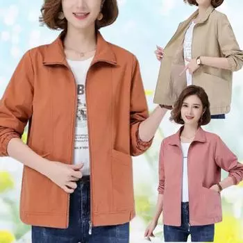 Весна Осень Модные Женские Свободные Универсальные Куртки Поло С Карманом Молнией Длинные Рукава Однотонные Женские Ветрозащитные Спортивные Пальто M хаки