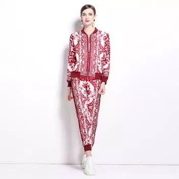 Весна Осень Модный Дизайнерский Подиумный Комплект Из 2-х Частей Женский Куртка На Молнии Пальто И Эластичный Талия Карманный Костюм Узкие Брюки M синий