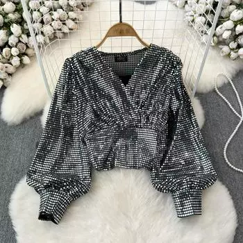 Весна Осень Модный Элегантный Фонарь Длинные Рукава V-образный вырез Сверкающие Пайетки Футболка Женская Повседневная Корейский Y2k Топ One Size серебряный