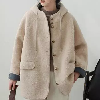 Весна Осень Модный Капюшон Гранулированный Пух Женский Пальто Свободный Крой Плюшевая Женская Куртка Однотонный Цвет Универсальная Женская Верхняя Одежда M чёрный