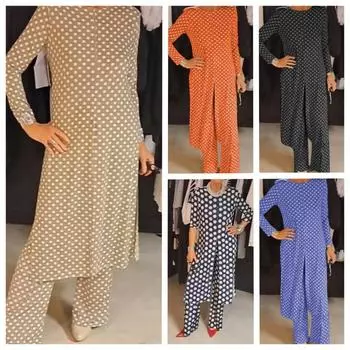 Весна Осень Модный Круглый вырез Длинный рукав Разделение Волна Точечные брюки Повседневный комплект для женщин Костюмы и комплекты (Женский) S чёрный