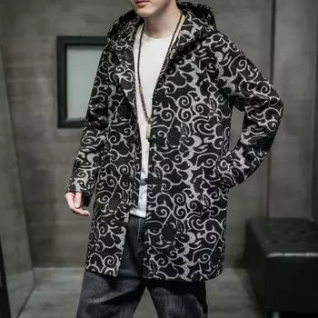 Весна Осень Модный Печатный Мужской Тренч Уличная Одежда С Капюшоном Стиль Chinses Slim Fit Ветровка Куртка 2XL
