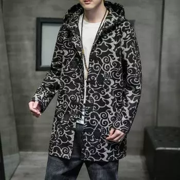 Весна Осень Модный Печатный Мужской Тренч Уличная Одежда С Капюшоном Стиль Chinses Slim Fit Ветровка Куртка M