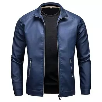Весна Осень Мотоциклетная Куртка Из Искусственной Кожи Мужская Синяя Кожаная Куртка Мужская Повседневная Ветровка С Воротником-Стойкой Модная Мужская Одежда M чёрный