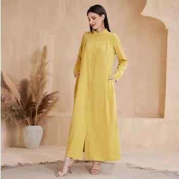 Весна Осень Мусульманские Длинные Платья Женщины Однобортный Желтый Платье Абая Одежда S жёлтый