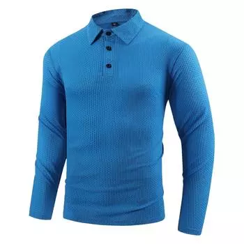 Весна Осень Мужская эластичная футболка с длинным рукавом с лацканами Повседневная однотонная рубашка-поло с пуговицами Мужская спортивная одежда Топы S чёрный