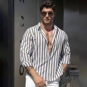 Весна Осень Мужская Деловая Повседневная Рубашка С Длинным Рукавом В Полоску С Отворотом Мужская Рубашка-Кардиган На Пуговицах S синий