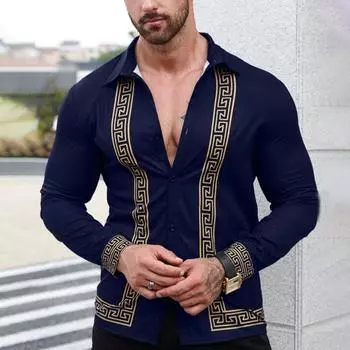 Весна Осень Мужская Длинный Рукав Темно-Синяя 3D Цифровой Принт Рубашка Мужская Повседневная Рубашка С Отворотом Топы S темно-синий