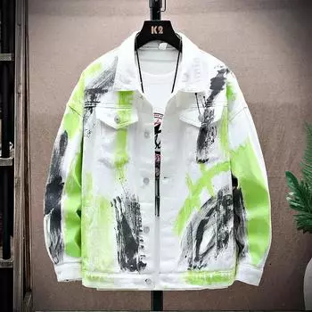 Весна Осень Мужская Джинсовая Куртка Y2K Верхняя Одежда На Пуговицах Хип-Хоп Черно-Белые Мужские Джинсовые Пальто 2XL белый