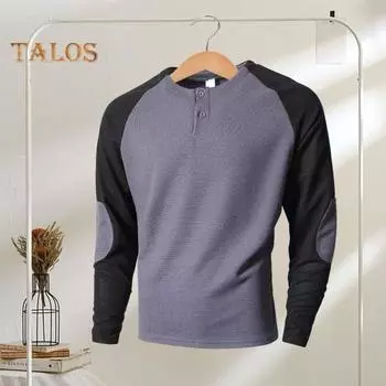 Весна Осень Мужская футболка с длинным рукавом и цветными блоками, на пуговицах, с круглым вырезом, с нашивками, повседневная спортивная футболка для вечеринок S хаки