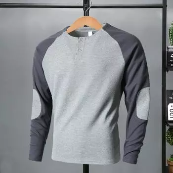 Весна Осень Мужская футболка с длинным рукавом и цветными блоками, на пуговицах, с круглым вырезом, с нашивками, повседневная спортивная футболка для вечеринок S светло-серый