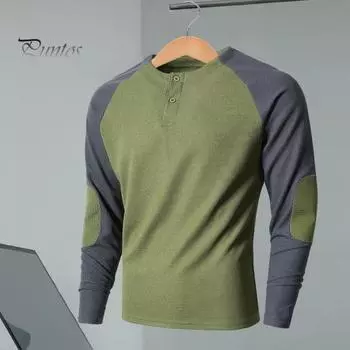 Весна Осень Мужская футболка с длинным рукавом и цветными блоками, на пуговицах, с круглым вырезом, с нашивками, повседневная спортивная футболка для вечеринок S армия зеленый