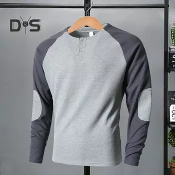 Весна Осень Мужская футболка с длинным рукавом и цветными блоками, на пуговицах, с круглым вырезом, с нашивками, повседневная спортивная футболка для вечеринок S армия зеленый