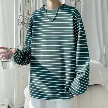 Весна Осень Мужская Футболка с О-образным Вырезом В Полосатом Модная Свободная Уличная Футболка Надеваемая Мужская Длинный Рукав Повседневные Футболки Топы Плюс Размер 5XL розовый