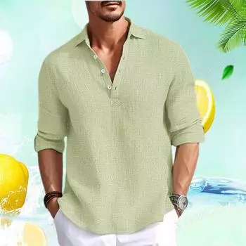 Весна Осень Мужская Летняя Повседневная Однотонная Рубашка Длинный Рукав Воротник Стойка Повседневная Рубашка Генри Топ Модная Мужская Уличная Одежда S чёрный