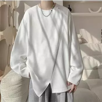 Весна Осень Мужская мода Лоскутные футболки Однотонные О-образные вырезы Длинные рукава Свободные футболки Топы Мужская уличная повседневная футболка M-5XL XL чёрный