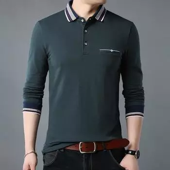 Весна Осень Мужская Молодежная Рубашка Поло с Длинными Рукавами и Воротником Пуловер, Деловая Повседневная Мужская Футболка M темно-синий