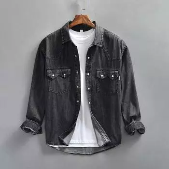Весна Осень Мужская одежда Длинные рукава Джинсовые рубашки Молодежная уличная одежда Карманы на лацканах Свободная синяя джинсовая рубашка S синий