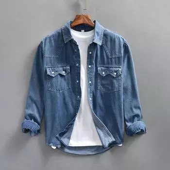 Весна Осень Мужская одежда Длинные рукава Джинсовые рубашки Молодежная уличная одежда Карманы на лацканах Свободная синяя джинсовая рубашка XXXXL чёрный